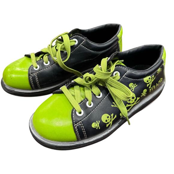 PYRAMID Skull Youth Bowling Shoes Size 6 US 4 UK 23.5 JP 37 EUR Black Green EUC - Picture 1 of 5
